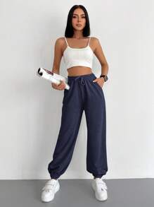 EURMUSE Solid Drawstring Waist Sweatpants - Navy Blue - View 4