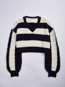 SHEIN ChicEase 双色绞花针织落肩套头衫秋冬毛衣 - 彩色 - 查看 5