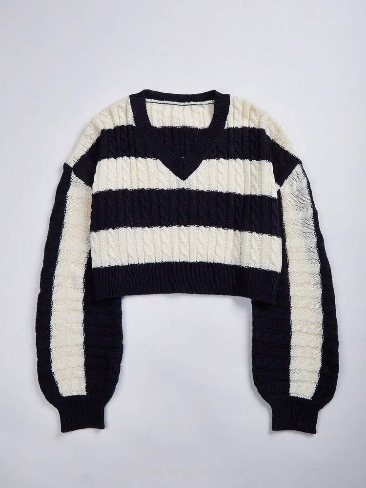 SHEIN ChicEase 双色绞花针织落肩套头衫秋冬毛衣 - 彩色 - 查看 5