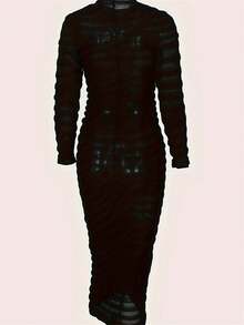 圓領純色百褶連身裙 - 黑色 - 查看 2