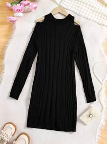 SHEIN Tween Girl Cold Shoulder Ribbed Knit Sweater Dress - Black - View 2