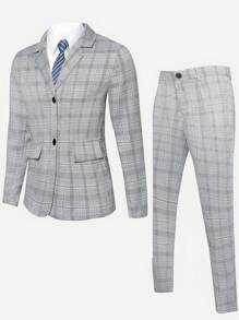 青少年男孩1入組格紋印花西裝外套&1入組西裝褲 - 彩色 - 查看 1