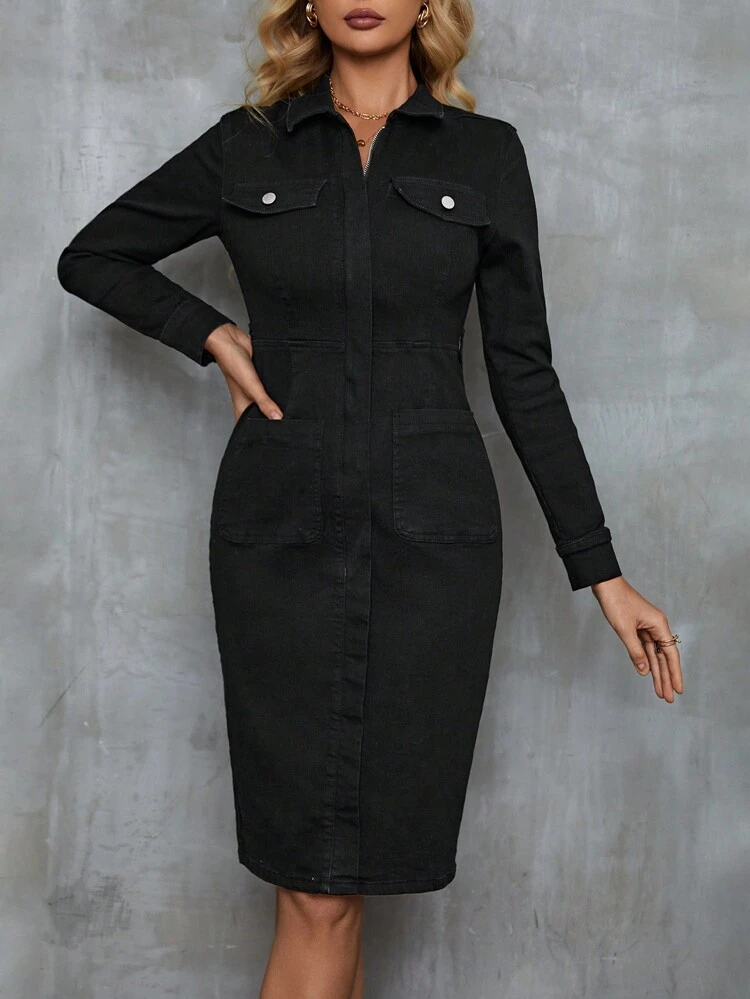 Flap Detail Button Front Denim Dress