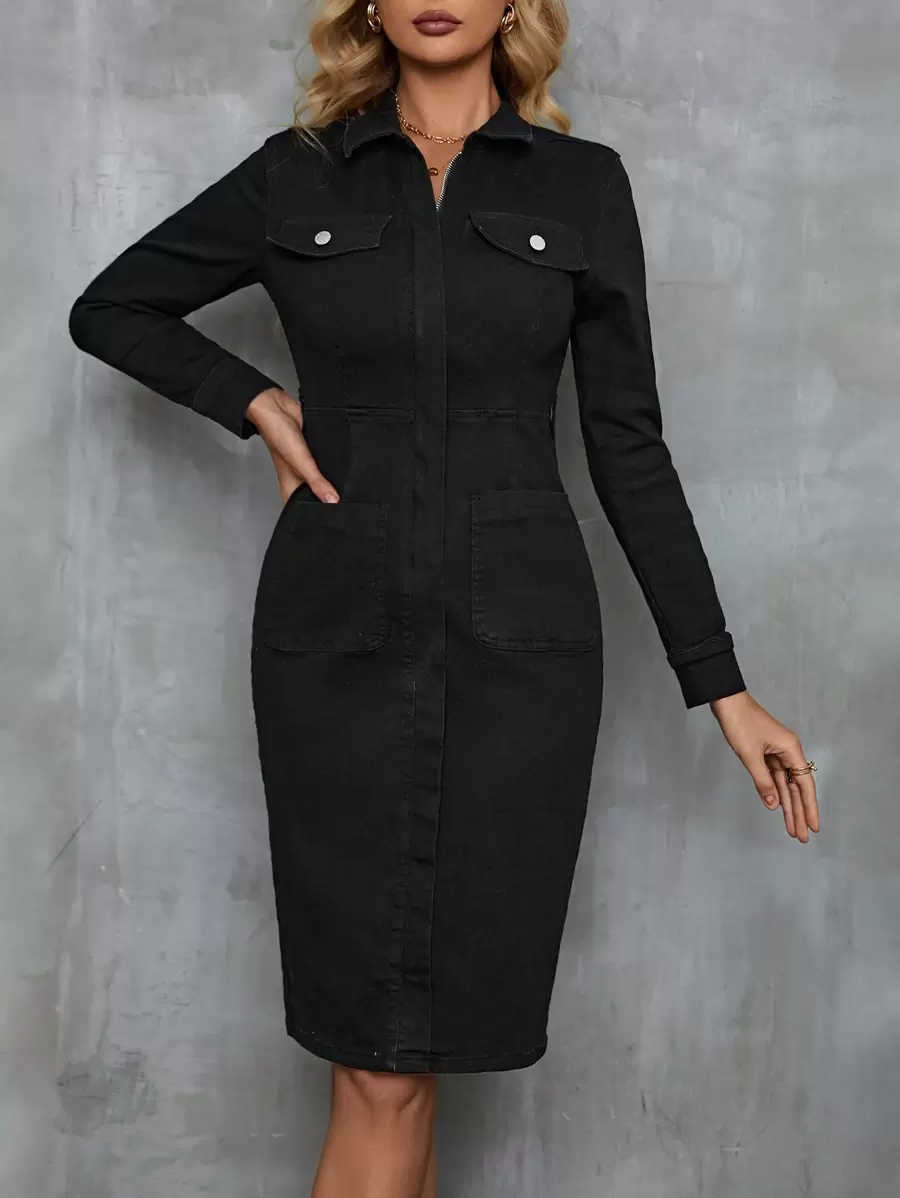 SHEIN LUNE Vestido mezclilla con diseño de solapa con botón delantero - Negro - Ver 1