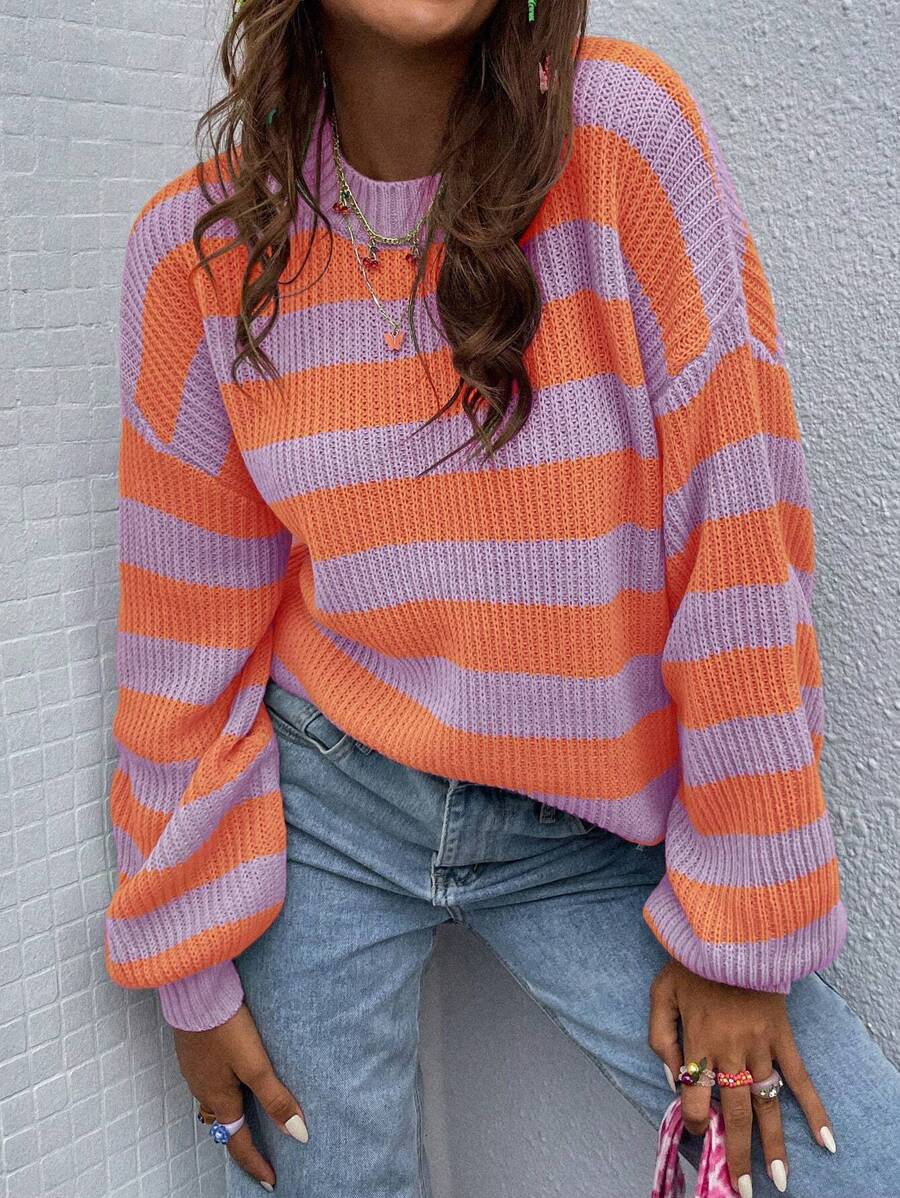 Chiquease Striped Pattern Drop Shoulder Knit Pullover Fall Winter Sweater - Multicolor - View 1