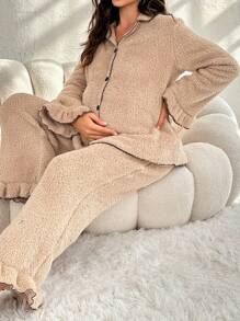 SHEIN Conjunto De Pijama Premamá Con Mangas Acampanadas Y Dobladillo Con Volantes