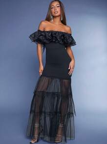Hauture Schulterfreies Rüschen Kleid Mit Mesh-saum - Schwarz - Übersicht 5