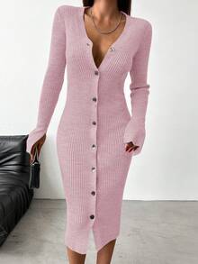 SHEIN Màu thuần Cổ chữ V Đồ đan Ribbed Đầm Áo len Với Mặt trước - Hồng - Xem 5