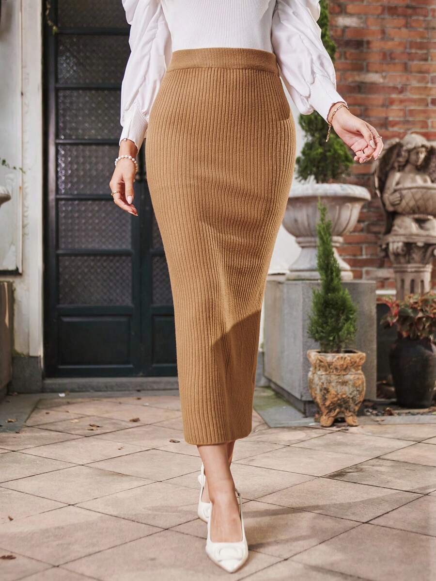 SHEIN Clasi Solid Ribbed Knit Skirt - Khaki - View 1