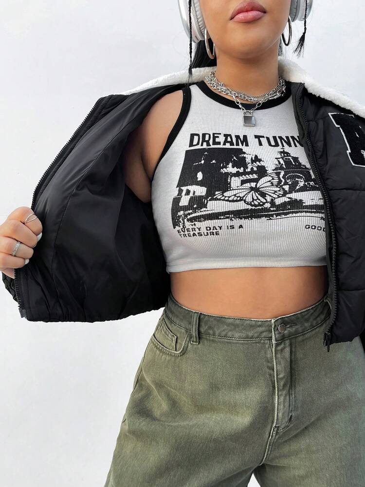 Plus Size Padded Coat With Fur Collared And Letter Patched Detail