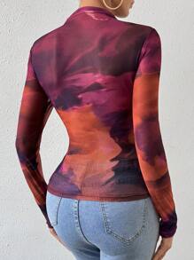 Allurite Tie Dye Mock Neck Mesh Top Fall Cloth For Women - Multicolor - View 2