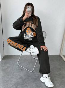 SHEIN Coolane Plus Letter Graphic Drop Shoulder Hoodie & Sweatpants - Black - View 1