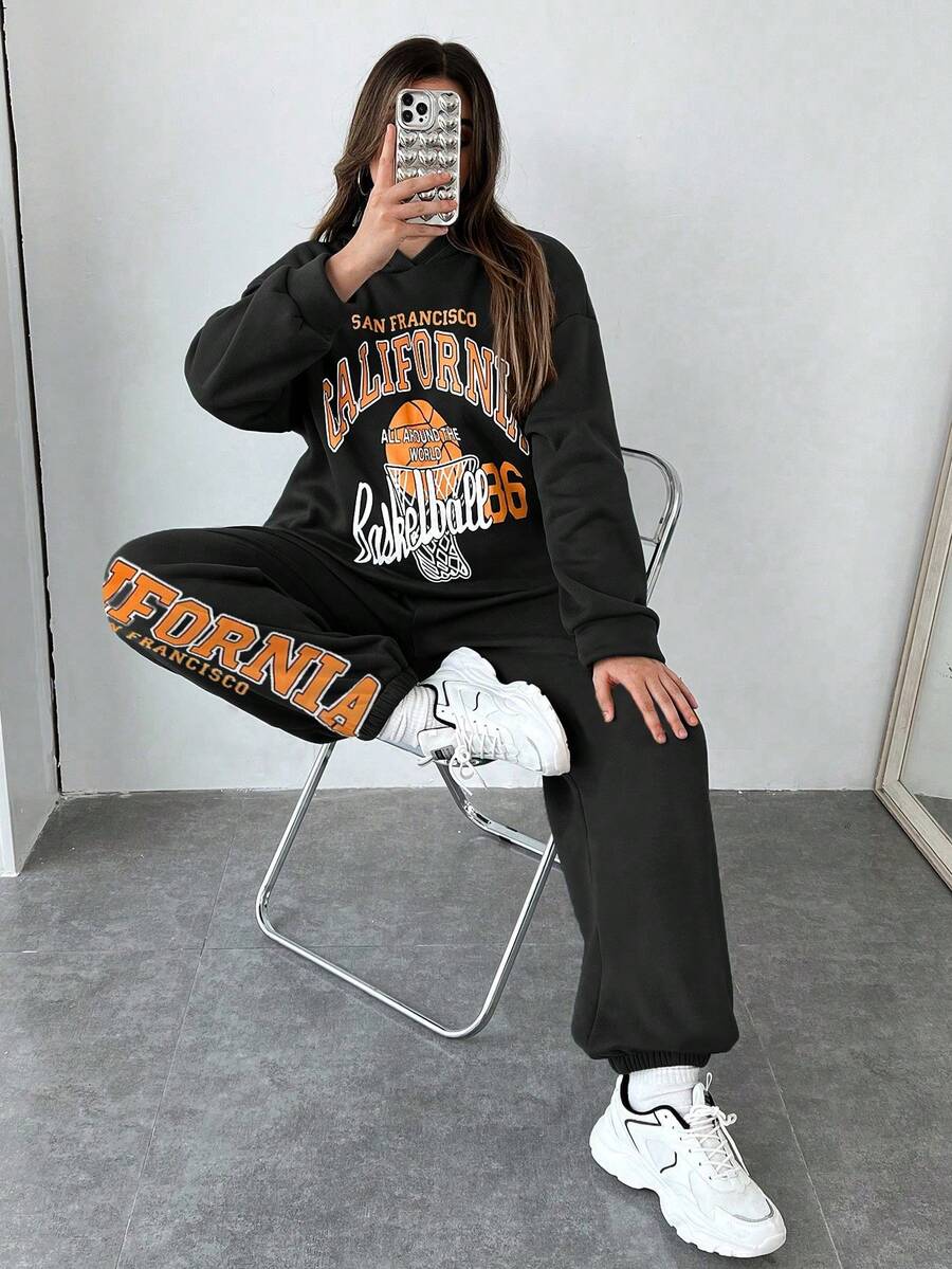 SHEIN Coolane Plus Letter Graphic Drop Shoulder Hoodie & Sweatpants - Black - View 1