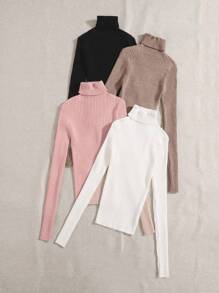 EMERY ROSE 4 piezas jerseys de punto acanalado con cuello alto, blusas de manga larga - Multicolor - Ver 5