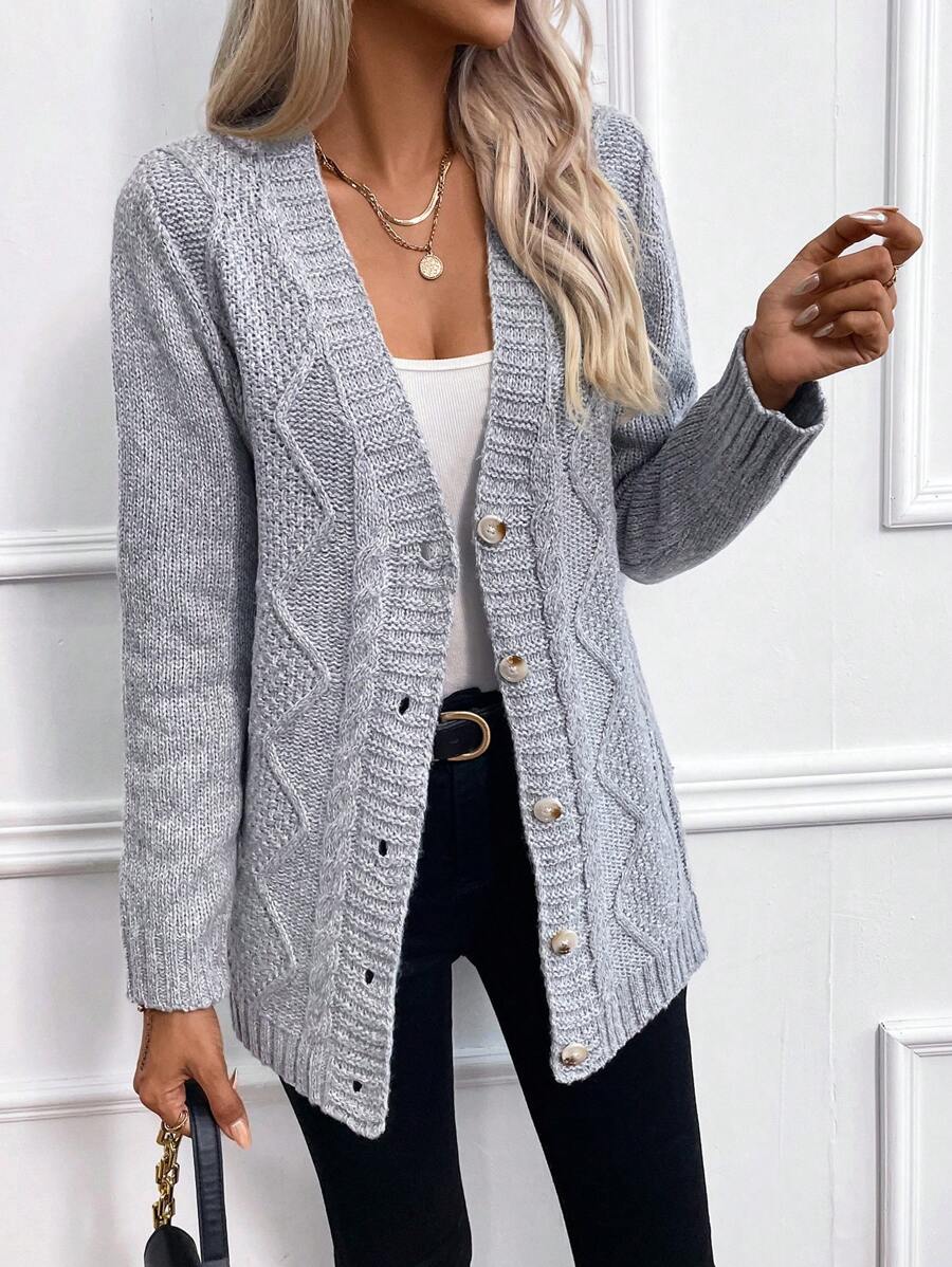 SHEIN LUNE Áo cardigan cài nút phía trước - Xám - Xem 1