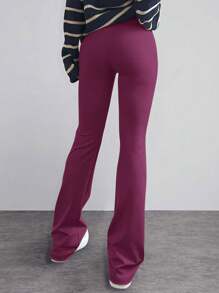 EURMUSE Solid Flare Leg Pants - Red Violet - View 2