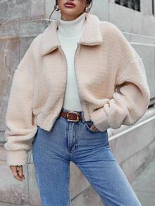 EURMUSE Women's Teddy Fleece Drop Shoulder Zipper Front Jacket - Beige - View 4