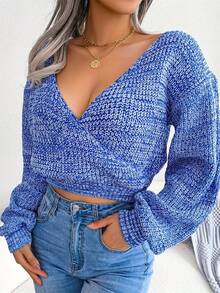 Autumn Winter New Cropped Street Style Crossed V-neck Pullover Sweater With Long Sleeves - Blue - View 4