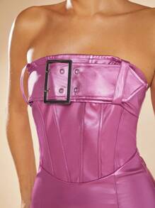 Hauture Pleated Hem Buckle Detail Tube Dress - Pink - View 4