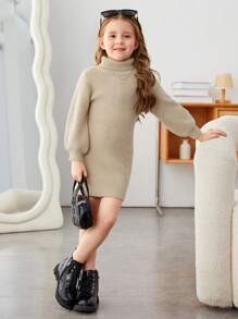 SHEIN Nhỏ bé Cô gái Màu thuần Cổ áo cao Tay áo lồng đèn Đầm Áo len ( Thắt lưng Không bao gồm ) - Màu be - Xem 6