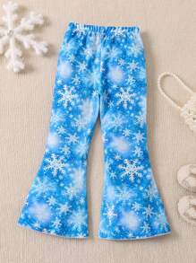 SHEIN Young Girl Figure Graphic Snowflake Print Flare Leg Pants