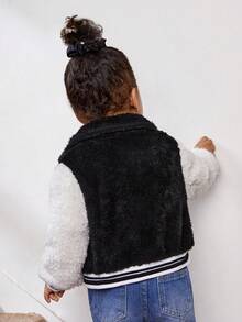 SHEIN 嬰幼兒女休閒刺繡與拼接絨面棒球夾克外套 - 黑色 - 查看 2