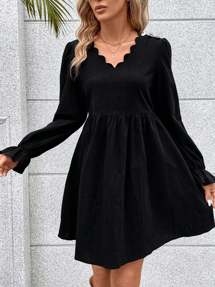 Scallop Trim Flounce Sleeve Dress Winter Black