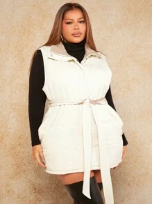 SHEIN SXY Áo khoác đệm có túi chéo Plus Slant Pocket Belted Vest - trắng - Xem 1