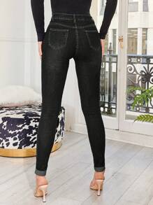 SHEIN Tall 純色修身口袋牛仔褲 - 黑色 - 查看 2