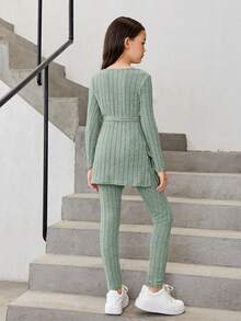 SHEIN Tween Girl Solid Belted Tee & Leggings - Olive Green - View 2