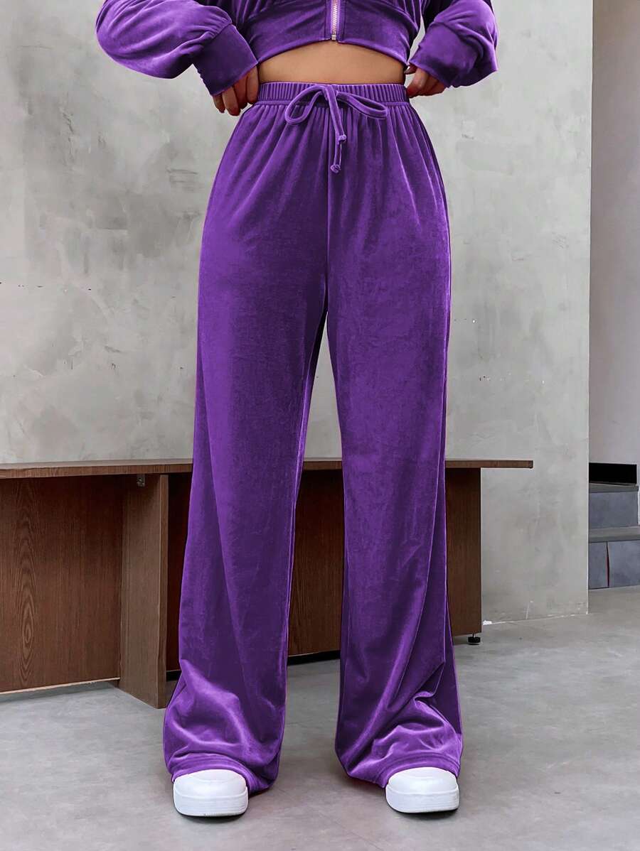 SHEIN Essnce Eo đàn hồi Tie Trước quần ống rộng Quần thể thao - Màu tím - Xem 1