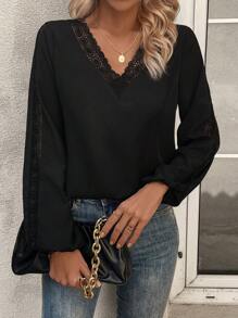 SHEIN Essnce Guipure Lace Insert Lantern Sleeve Blouse - Black - View 5