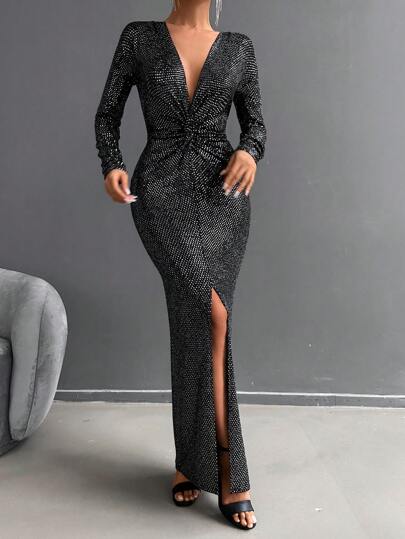 Plunging Neck Twist Front Split Thigh Sequin Dress