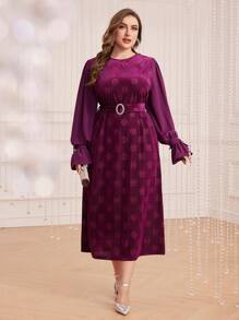 Modelyn Hơn Hoa Dệt hoa tay áo lá sen Váy có thắt lưng - Màu tím - Xem 5