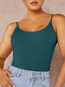 SHEIN BAE Solid Backless Cami Bodysuit - Teal Blue - View 5
