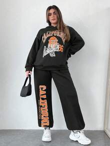 SHEIN Coolane Plus Letter Graphic Drop Shoulder Hoodie & Sweatpants - Black - View 4