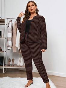 SHEIN Clasi Hơn In Houndstooth Mở Mặt trước Áo khoác & Quần - màu nâu - Xem 5
