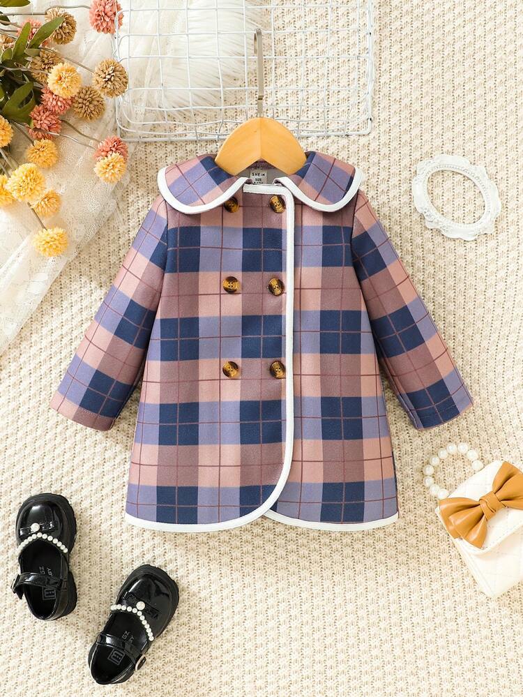 Baby Girl Plaid Print Double Breasted Contrast Binding Peter Pan Collar Double Breasted Overcoat