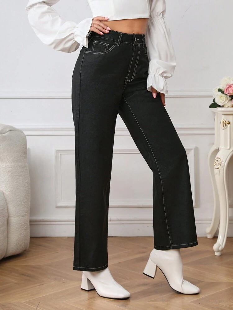 Solid Color High-Waisted Straight Leg Pants