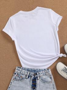 SHEIN LUNE Flower And Letter Printed Short Sleeve T-shirt - White - View 2