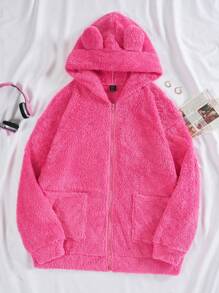 SHEIN Qutie 落肩袖3D耳朵設計連帽絨毛外套 - 粉色 - 查看 1