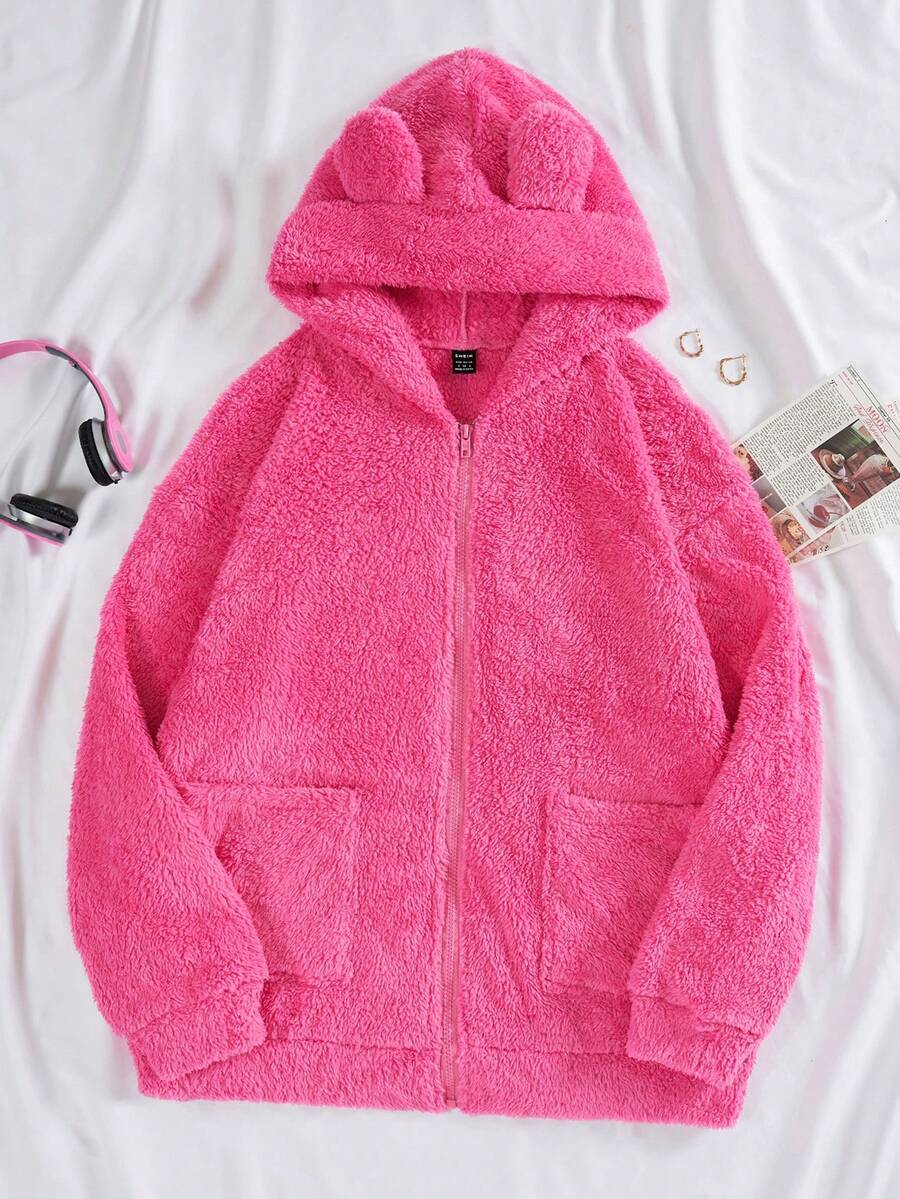 SHEIN Qutie 落肩袖3D耳朵設計連帽絨毛外套 - 粉色 - 查看 1