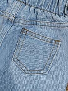 嬰兒女孩休閒錐形水洗牛仔褲，紙袋腰設計 - 淺色水洗藍 - 查看 7