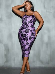 Maweii 大碼印花吊帶緊身洋裝 - 紫色 - 查看 4