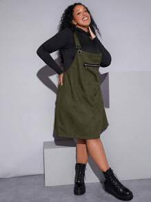 SHEIN CURVE+ Plus Zip Detail Overall Dress Without Tee - Army Green - View 6