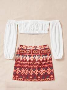 Soleia 一字肩流蘇邊短款上衣&幾何印花半身裙 - 彩色 - 查看 2