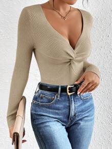 SHEIN Frenchy 毛衣套頭 - 卡其色 - 查看 5