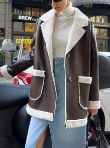 SHEIN Cottnline Dual Pocket Drop Shoulder Teddy Lined Coat - Brown - View 5