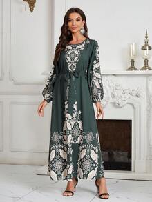 圆领长袖收腰花卉印花连衣裙 - 綠色 - 查看 3