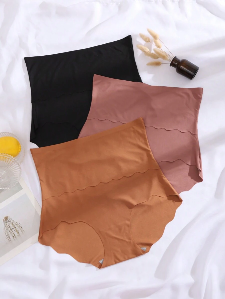 SHEIN Women's Plus Size High Waisted Scallop Trim Panties Comfortable Fabric Multi-Color Lingerie Underwear - Multicolor - View 1